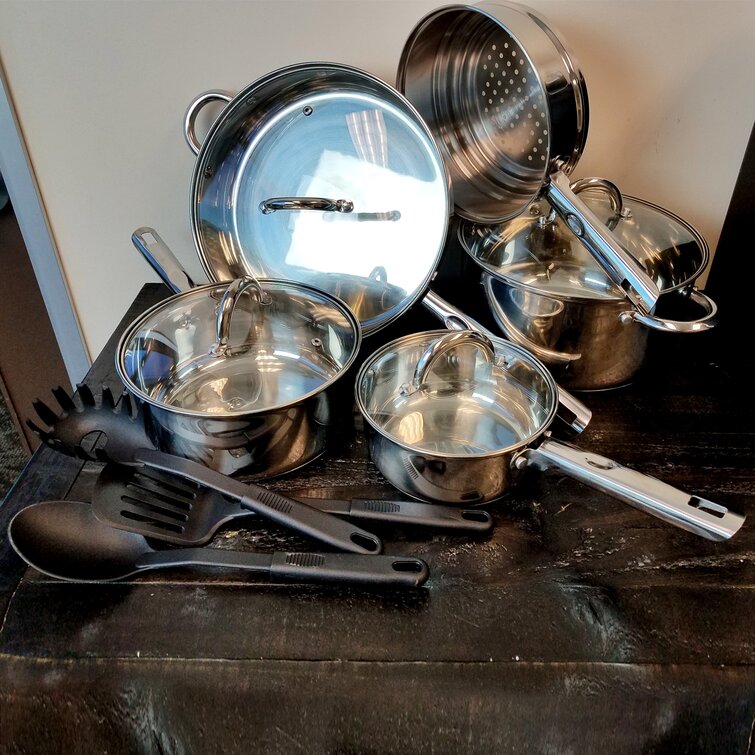 Oster Sangerfield 12-Piece Stainless Steel Aluminum Base Cookware Set, Silver