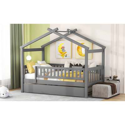 Wooden House Bed With Twin Size Trundle