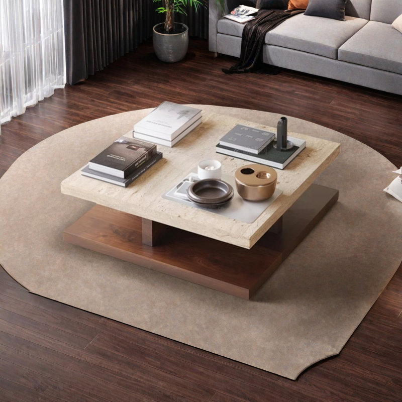 Table basse rétro en marbre et noyer, H 13,8 po x L 35,4 po x l 35,4 po, Beige