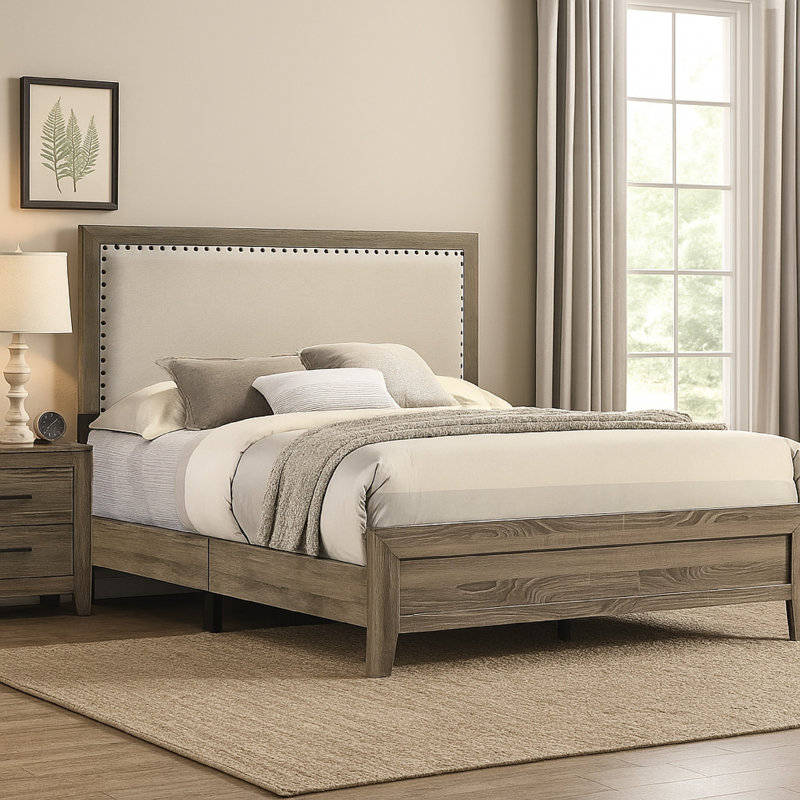 Shannon Panel Bed With Nailhead Trim, Fabric, Wood, Gray/Ivory, Full