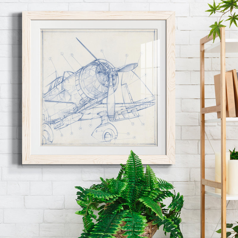 Croquis mécanique d'avion I-Premium, reproduction encadrée - prêt à être accroché, Papier avec cadre blanc, Blanc