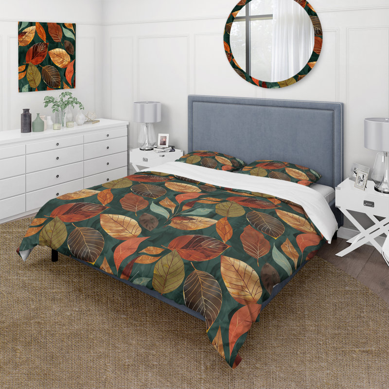 Orange Gold Leaves - Plants Duvet Cover Set, Queen Duvet Cover + 2 Standard Shams