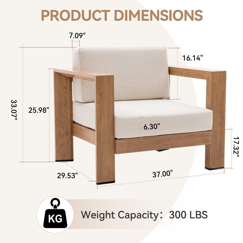 Quick-Assembly Outdoor Aluminum Chair ,Wood-Grain Veneer chair for Patio, Wide Armrest Triangular Aluminum Tube Chair