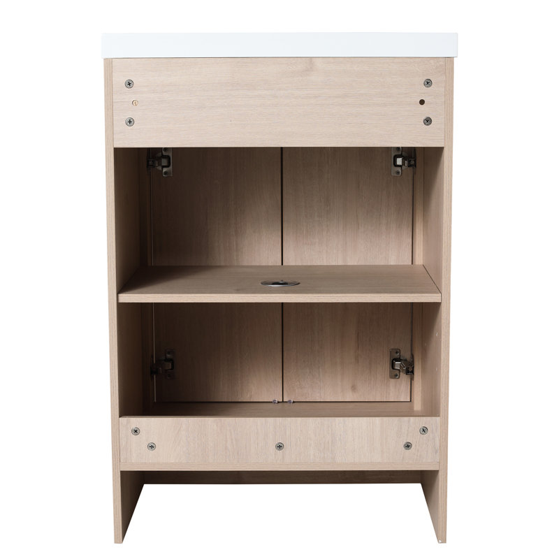 Meuble-lavabo autoportant de 24 po pour la salle de bain, portes d'armoire à fermeture en douceur, chêne, contreplaqué, tablettes réglables pour un rangement charmant avec 2 tablettes impressionnantes