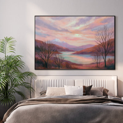 Très grande reproduction d'art sur toile - Vallée de montagne rose avec lac Serene, œuvre d'art pour le salon ou la chambre à coucher - «Assemblage requis du cadre (cadre non fini)»