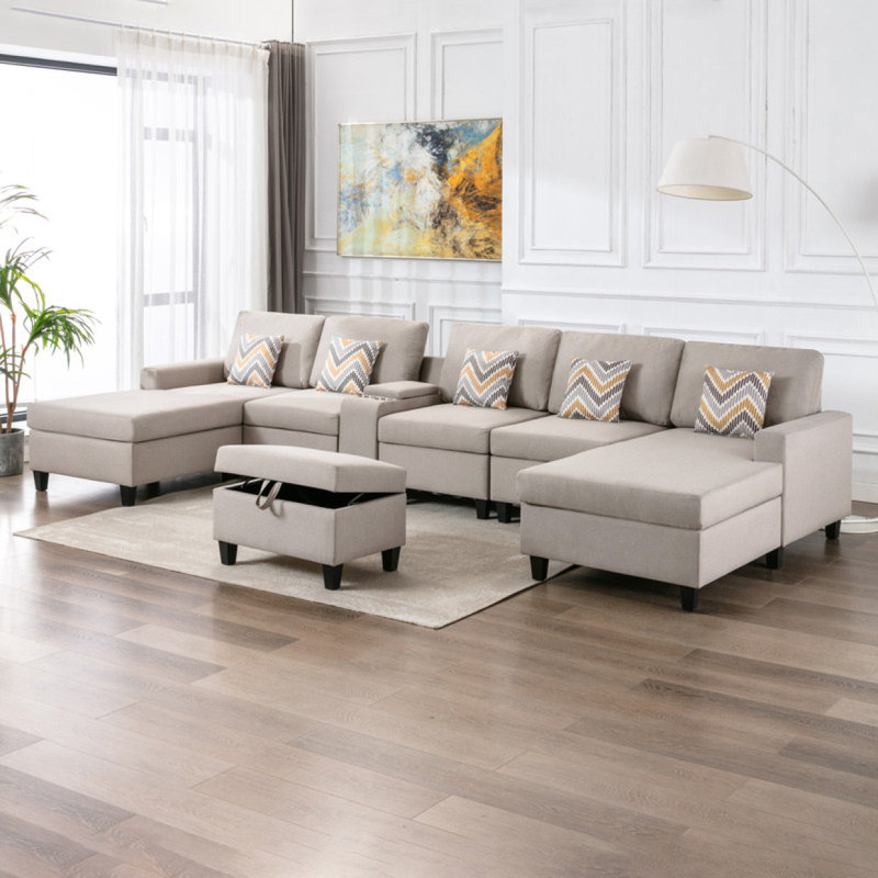 Canapé modulaire à méridienne double 7 pièces en tissu lin avec pattes interchangeables, repose-pieds, oreillers et USB