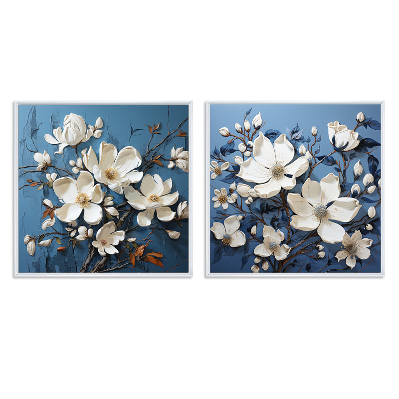 Magnolia bleu et blanc Blooming Elegant - Magnolias carré, ensemble de 2 collages, Cadre flottant blanc, H 36 po x l 73 po