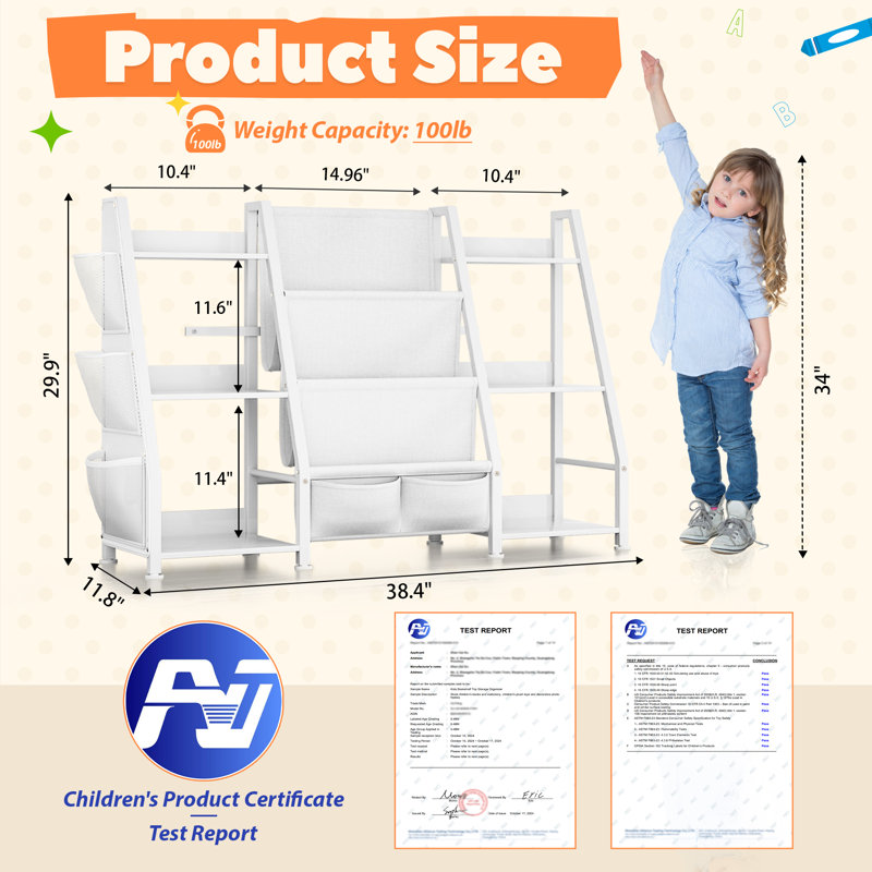 38.4'' W X 29.9"H Kids Bookcase 3-Tier Metal Book Display with Book Sling Shelf White