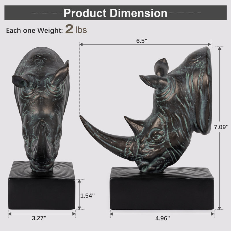 Rhinoceros Head Decorative Bookends, Dark Bronze