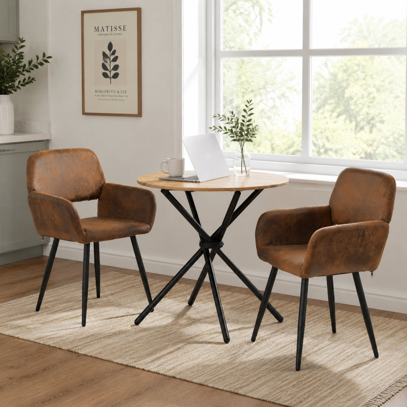 Ensemble de salle à manger 3 pièces en bois naturel avec 2 fauteuils rembourrés bruns pour petits espaces