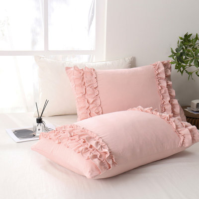 Taies d'oreiller à volants roses, ensemble de taies d'oreiller grand format 2,20 x 30 pouces, ensemble de 2 taies d'oreiller à volants rétro style campagne française, microfibre délavée