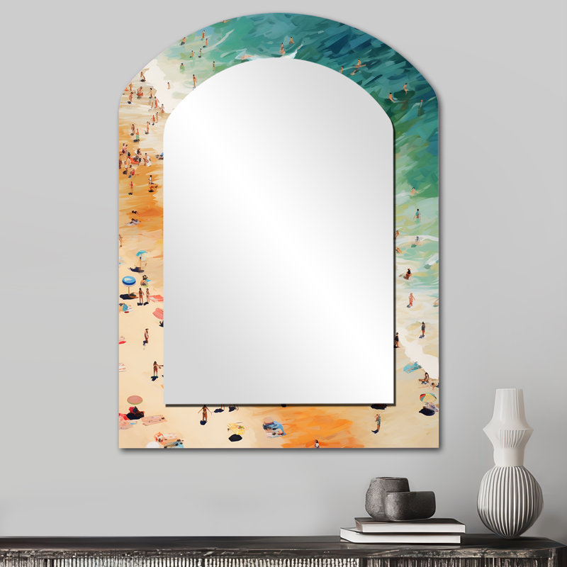 Parasol de plage vue aérienne VI - grand miroir arqué de sable de plage, miroir mural décoratif asymétrique orange, impression d'art en métal
