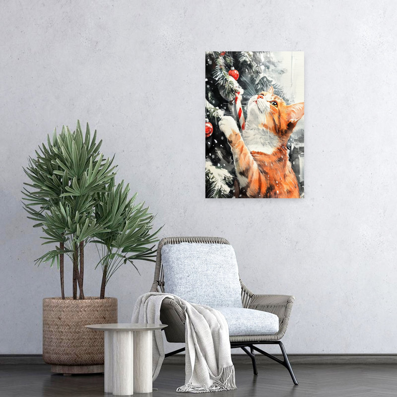 Curious Christmas Cat Playful Abstract Contemporary Christmas Tree Cat Winter Landscape Wall Art Print 1 Piece Wrapped Canvas Wall Art