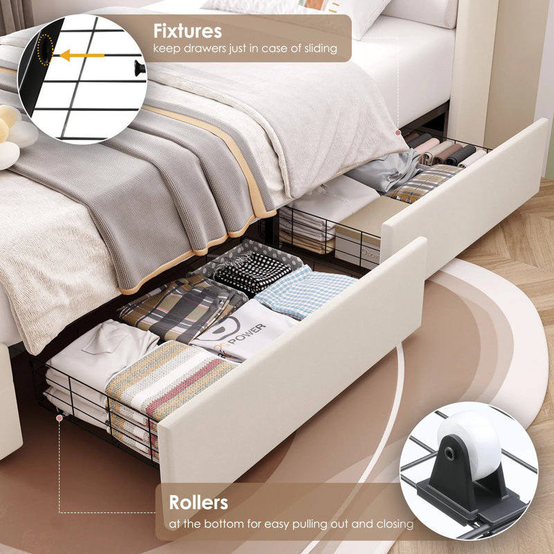 Glastonbury Upholstered Wingback Bed, 4 Drawers Storage Bed with LED Light