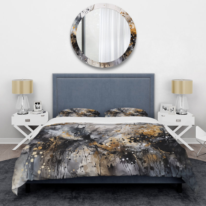 Twin Gray and Gold Abstract Brushstrokes Microfiber Duvet Cover Set