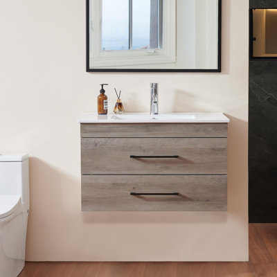 Meuble-lavabo mural gris à grain de bois avec tiroirs doubles, système de fermeture en douceur, lavabo en céramique blanche