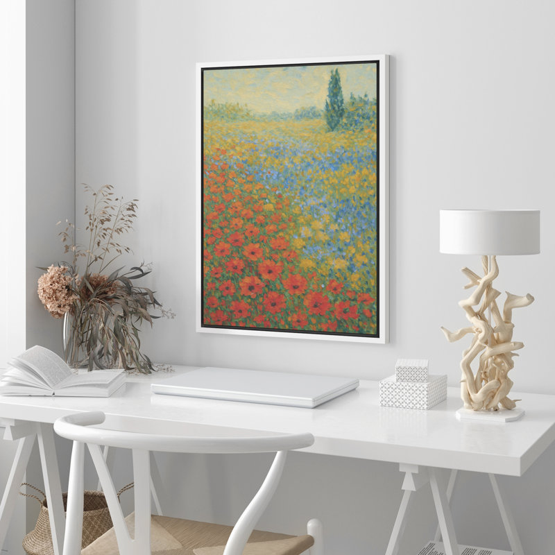 Impressionniste impressionnant sur toile de fleurs sauvages rouges et bleues prairies - Art de paysage de champ lumineux pour le salon ou le couloir - Décor inspiré de la nature