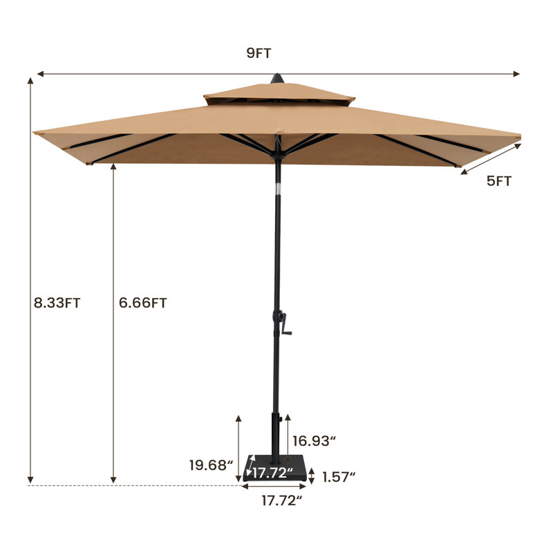 Parasol de marché rectangulaire inclinable 106 po x 59 po avec base lestée, Tanné