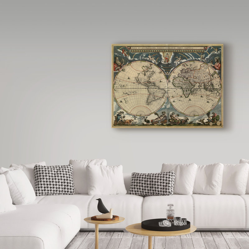« map of the world 1684 », publicité sur toile tendue, H 14 po x l 19 po x P 2 po