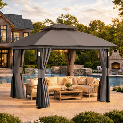 Pavillon de jardin à toit souple en acier à double toit avec éclairage DEL et haut-parleur Bluetooth