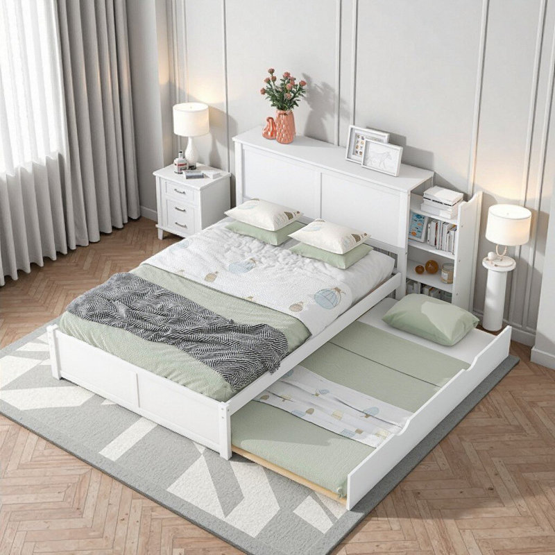 Exclusif Wayfair: lit plateforme avec rangement pleine grandeur blanc avec tablettes coulissantes à 4 niveaux et lit gigogne simple - rangement spacieux, conception peu encombrante