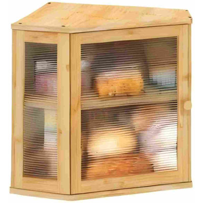 Corner Bread Box For Kitchen Counter, Bamboo Wood Large Capacity Bread Storage Bin With Acrylic Wavy Door Panel (Natural, Meduim)