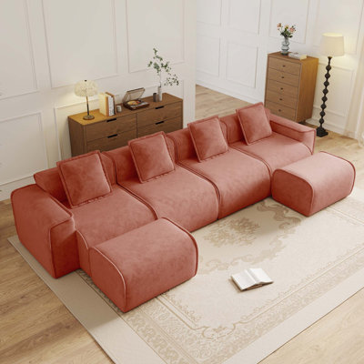 Canapé modulaire en velours 4 places avec coussins décoratifs et 2 repose-pieds