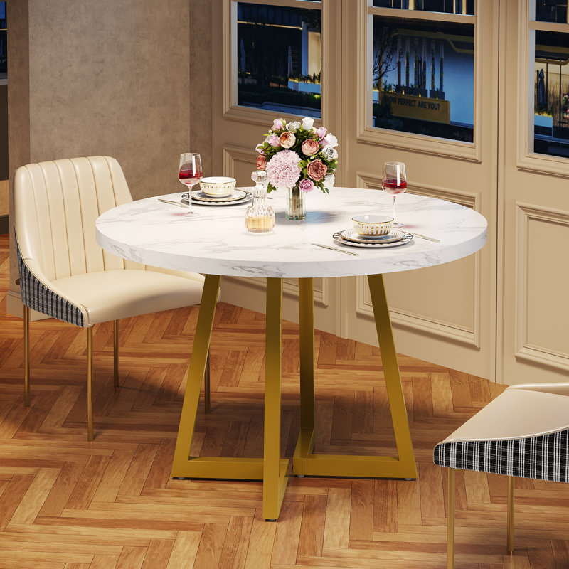 31.5" Round Dining Table for 2, White & Gold