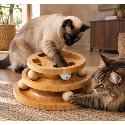 Tour à balles en bois pour chats d'intérieur, avec plateau casse-tête et balles tournantes, conçu pour le jeu autonome, l'exercice, la stimulation mentale et l'enrichissement du foyer.
