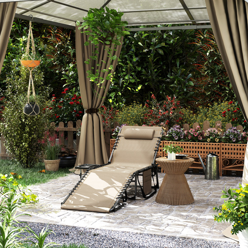 Folding Outdoor Chaise Lounge Chair Tanning Chair With 5-Level Adjustable Back, Side Table, Pillow, Pocket, Beige, Beige, 1