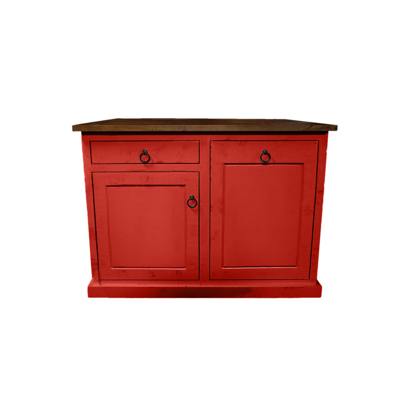 Farmhouse 60" Solid Wood Kicthen Island with trash bin compartment and Drop Leaf, Persimmon Red