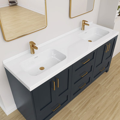 72 Inch Solid Surface Double Sink Bathroom Vanity Top with Integrated Dual Sinks, Bright White 2" Thick Modern Countertop, 1.38" Rear Backsplash, Smooth Minimal Design, Waterproof & Easy Install