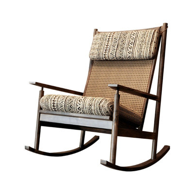 Chaise berçante en bois de frêne blanc Mid-Century 27,95 po, dossier en rotin naturel et coussin en lin inclinable pour la sieste du balcon
