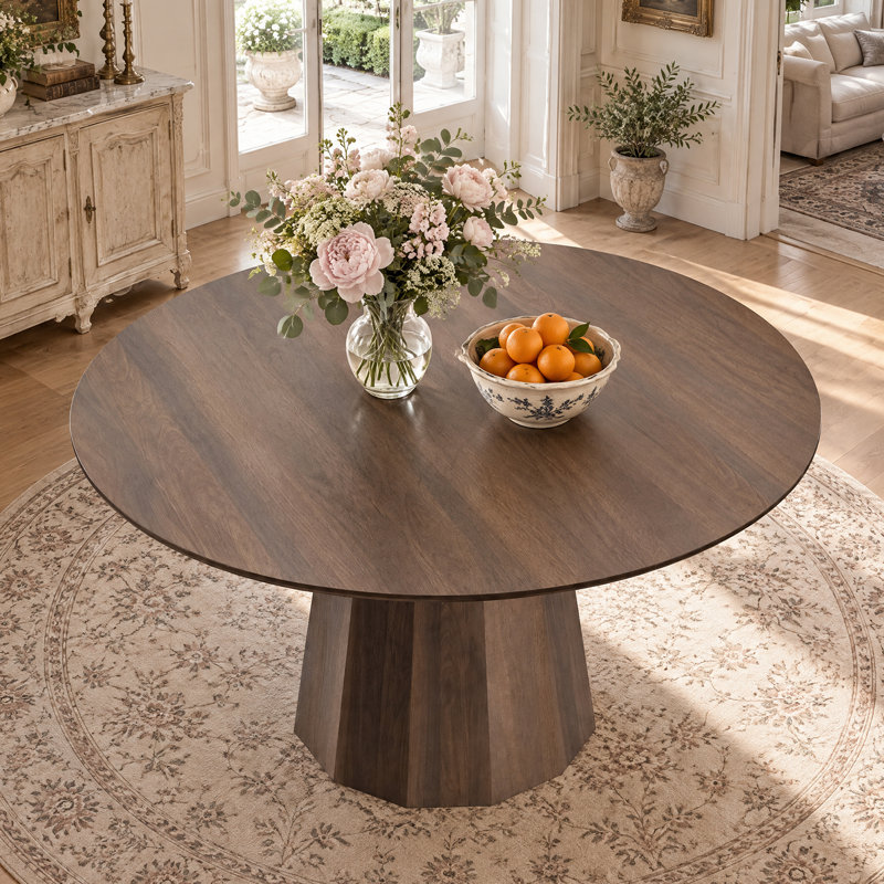Solid Wood Dining Table Round Pedestal Kitchen Table, 30”H x 46”L x 46”W, Walnut