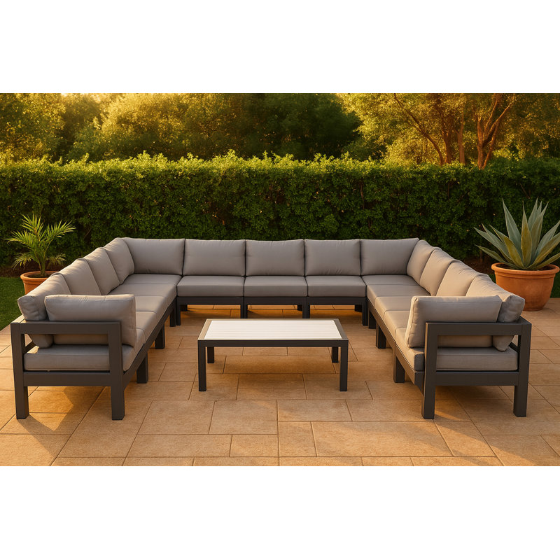 Lysandros 150'' Wide Aluminum Patio Sectional with Cushions, Dark Gray, Gray