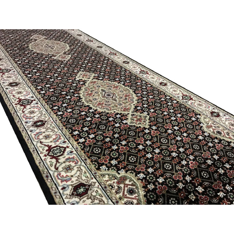 Hand-Knotted High-Quality Black and Cream Runner