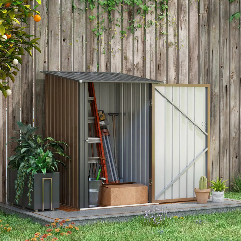 3.3 Ft Lean To Steel Garden Shed, With Locking Door - Brown