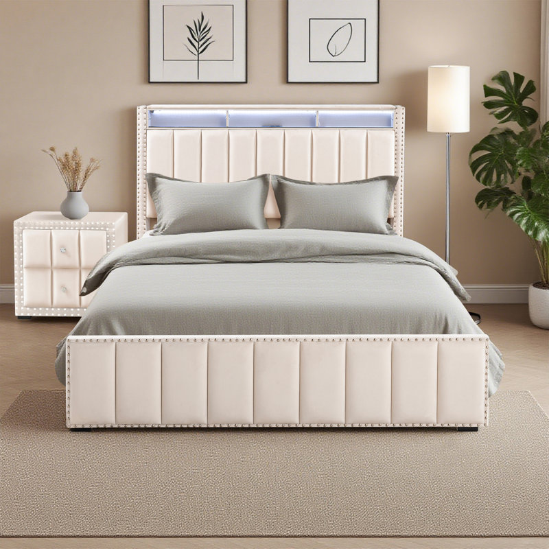 Ensemble de chambre à coucher 2 pièces, cadre de lit rembourré avec station de charge, lumière DEL et table de chevet, Beige