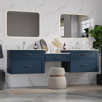 Disar 84" Floating Wall Mounted Double Bathroom Vanity With Desk  Carrara Quartz Top