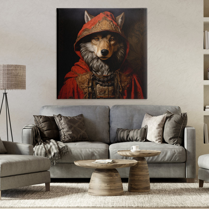 Art mural loup avec une cape rouge par Lazar Studio, H 36 po x l 36 po