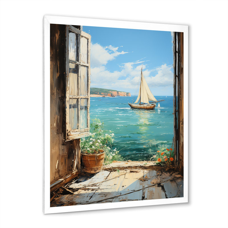 Voilier de bateau, vue sur l'océan II - fenêtres côtières, art mural, Cadre simple blanc, H 20 po x l 12 po x P 1 po