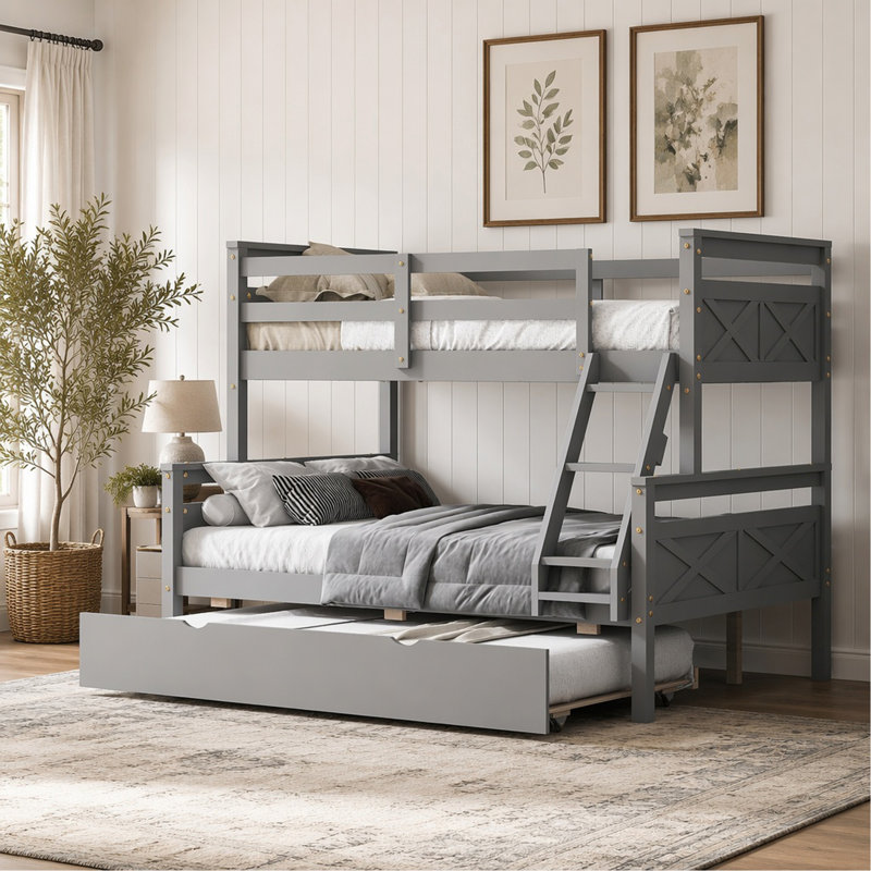 Lit simple superposé simple avec échelle, lit gigogne simple, barrière de sécurité, gris