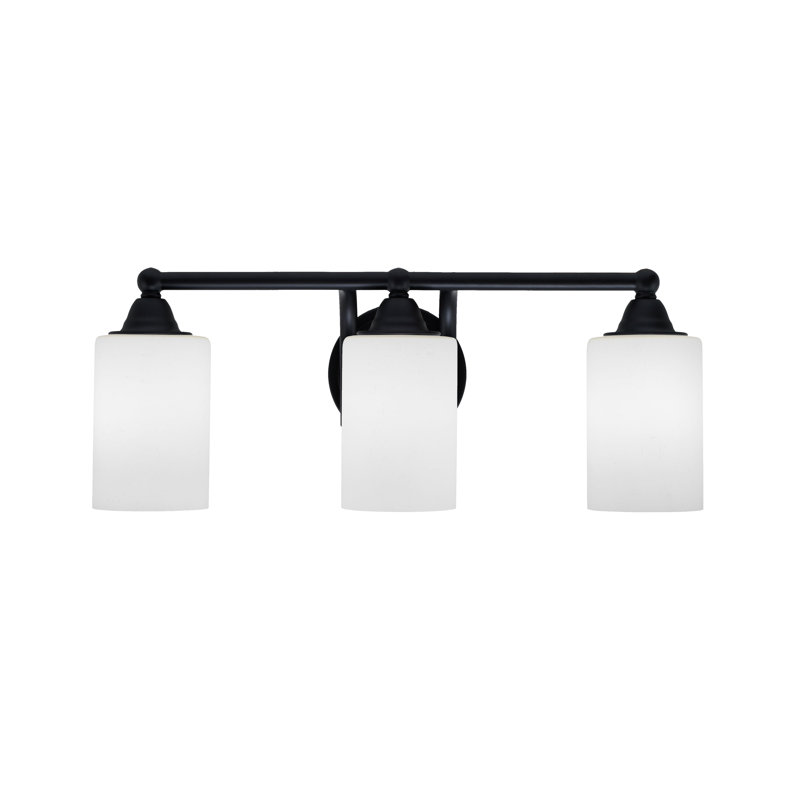 Barre d'éclairage de salle de bain 3 lumières Paramount avec fini noir mat et verre mousseline blanc 4 po