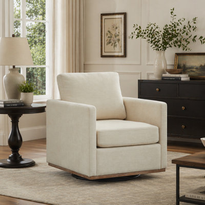 Fauteuil d'appoint pivotant à 360 ° carré de 30,7 po et fauteuil simple confortable avec une base en bois patinée, un fauteuil de lecture Club Lounge pour le salon, la chambre à coucher et la chambre de bébé. Beige
