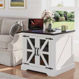 Fellsburg Farmhouse End Table, 24" Large Sofa Side Table With Charging Station, Rustic Square Nightstand With Mesh Barn Door, Wood Side Table For Living Room, Bedroom, Office