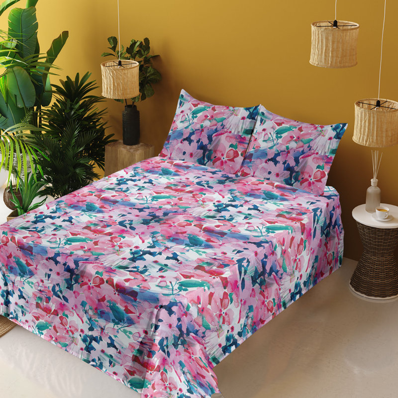 Ambesonne Watercolor Botany Sheet Set 4 Pcs Retro Boho Bloom, Pale Pink Hot Pink Quartz Floral