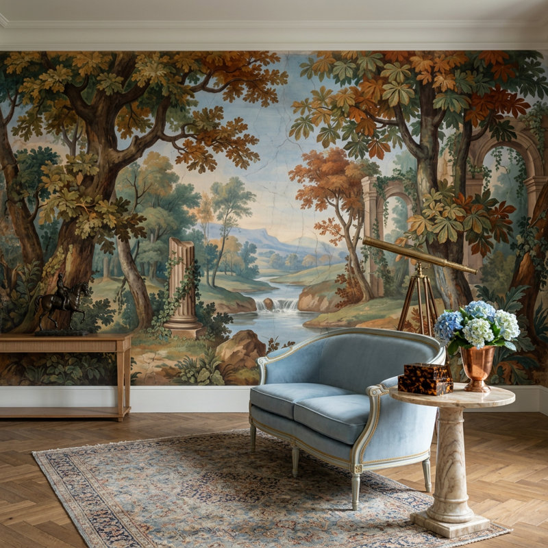 Papier peint paysage mural Ruines classiques, rivière amovible, Texturé non collé, 160 po x 108 po