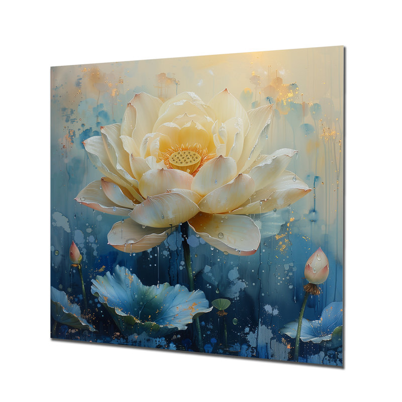 Art mural blanc et bleu lotus des rêves III - Lotus, Sans cadre, métal, H 16 po x l 16 po