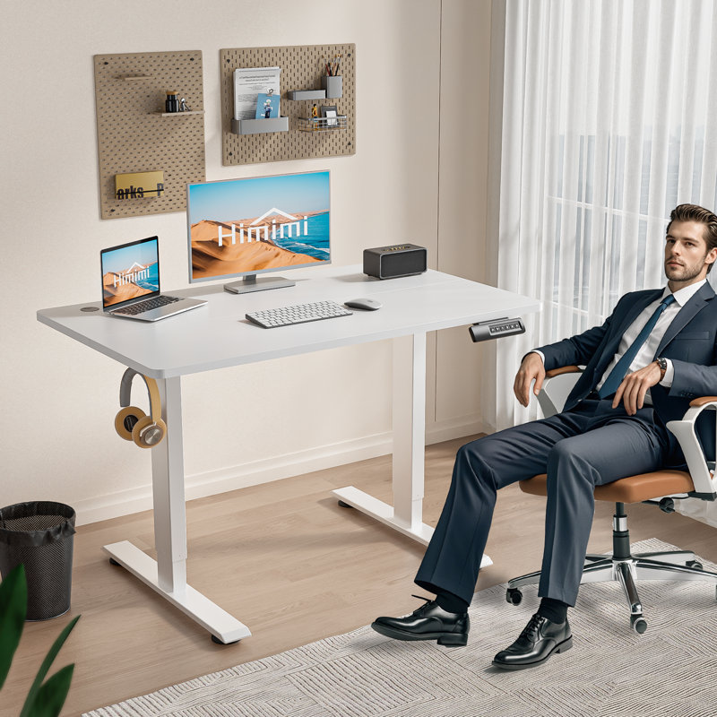 Bureau debout électrique à hauteur réglable avec 2 crochets et 4 roulettes verrouillables, Blanc / blanc