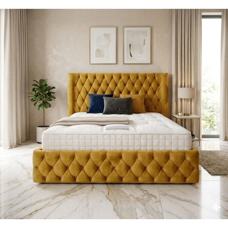 Chesterfield Upholstered Winged Bed Frame, Mustard Gold, Plush Velvet, 5FT( King Bed)